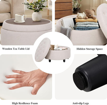 Beige Storage Ottoman With Tray