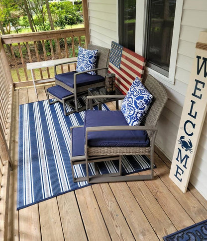 Vertical Stripe Blue &amp; White Outdoor Mat