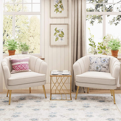 Beige Velvet Arm Chair With Gold Metal Accent