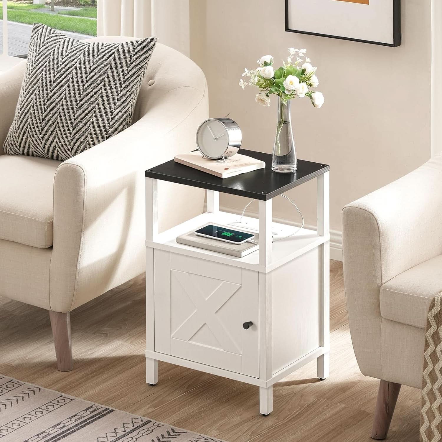 White Farmhouse Style Nightstand With USB Type C Ports