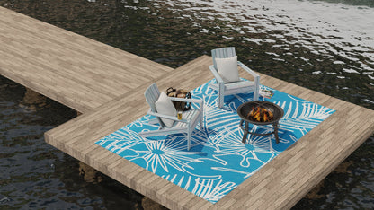 Palm Leaf Turquoise White Outdoor Mat