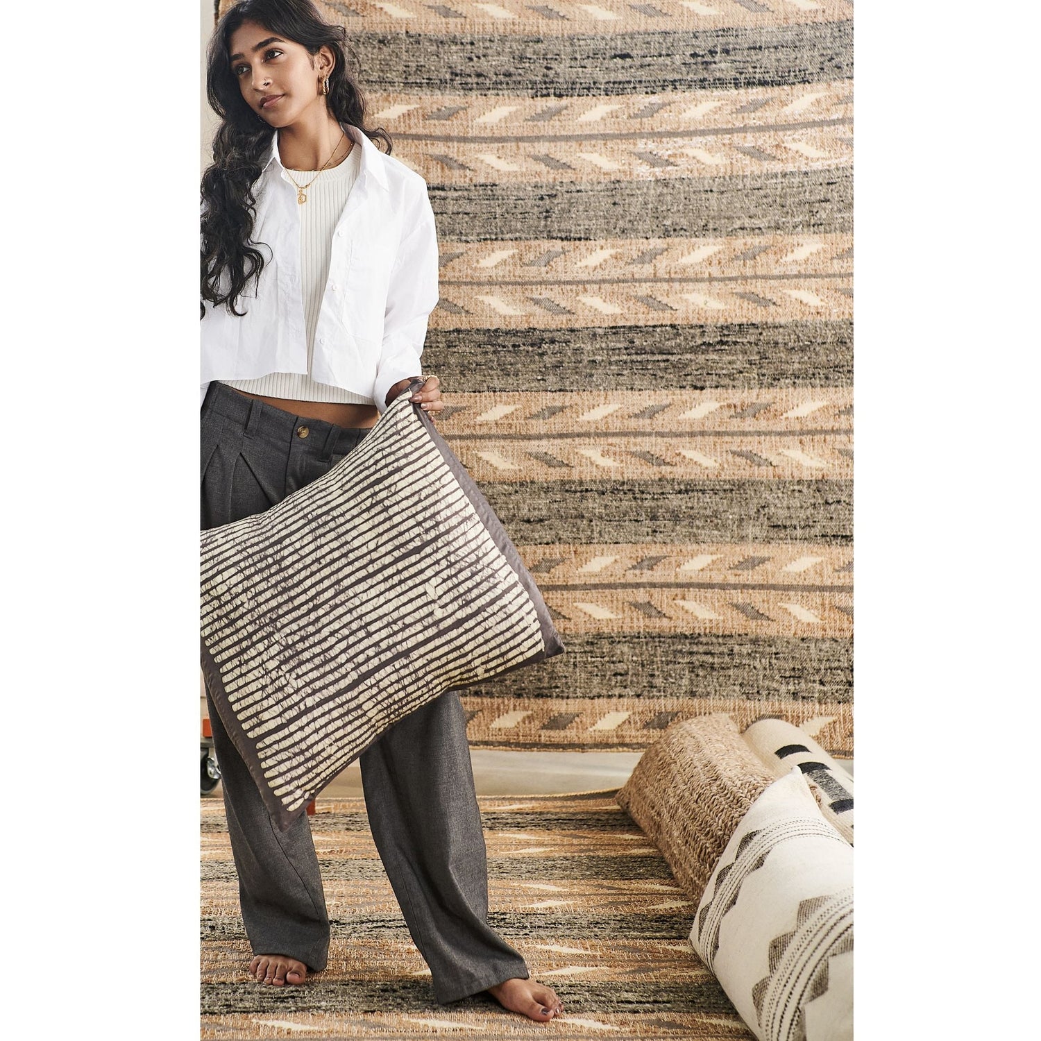 Maple Black Hand Wax Block Printed Stripes Mulberry Silk Pillow