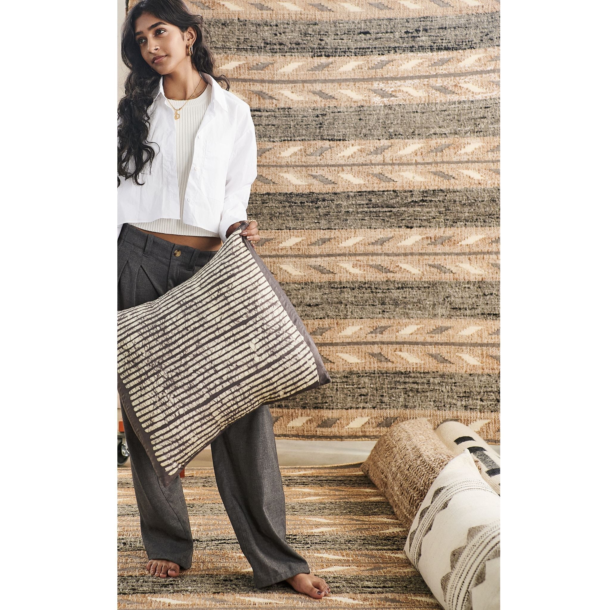 Maple Black Hand Wax Block Printed Stripes Mulberry Silk Pillow