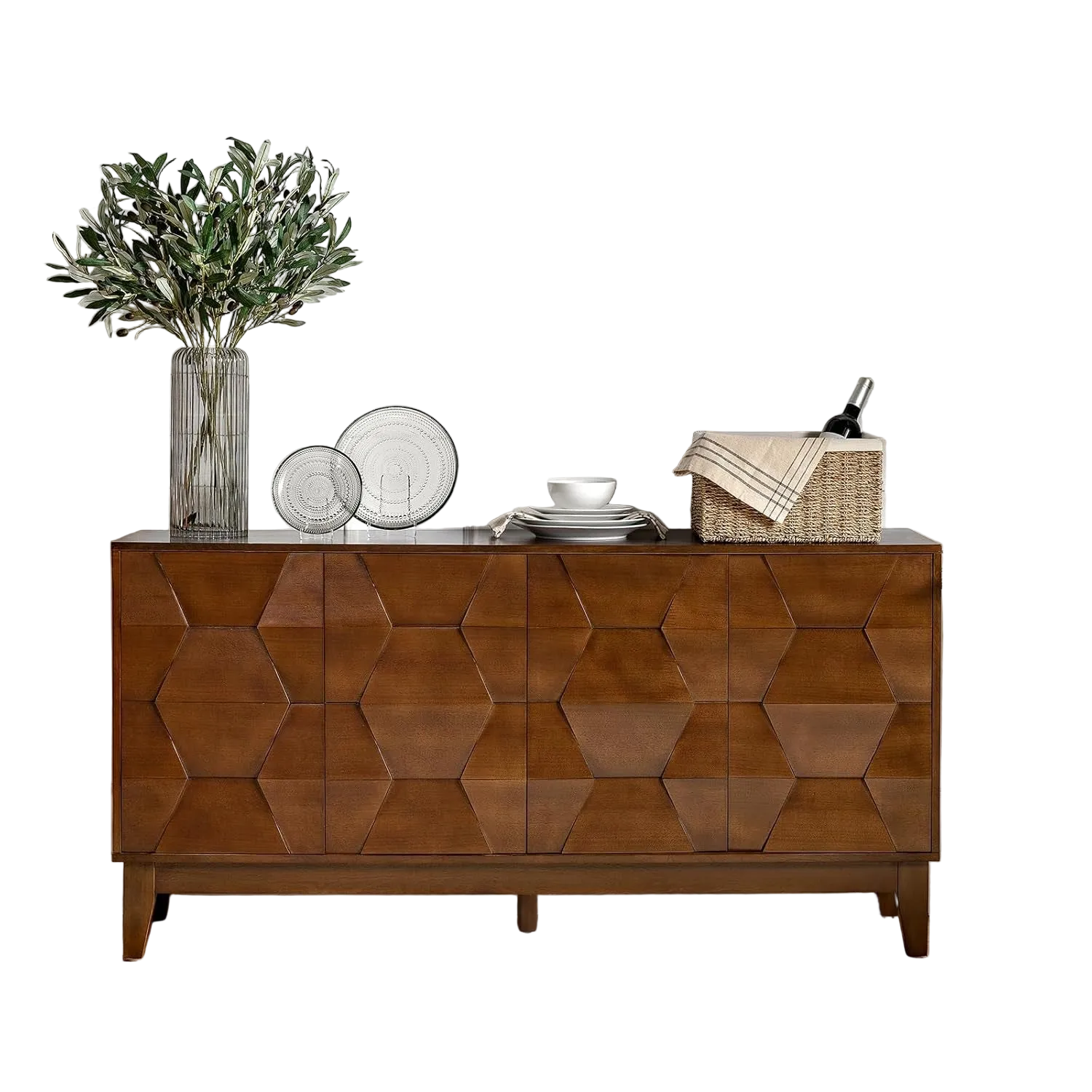 Walnut Mid Century Sideboard Buffet With Solid Wood Legs