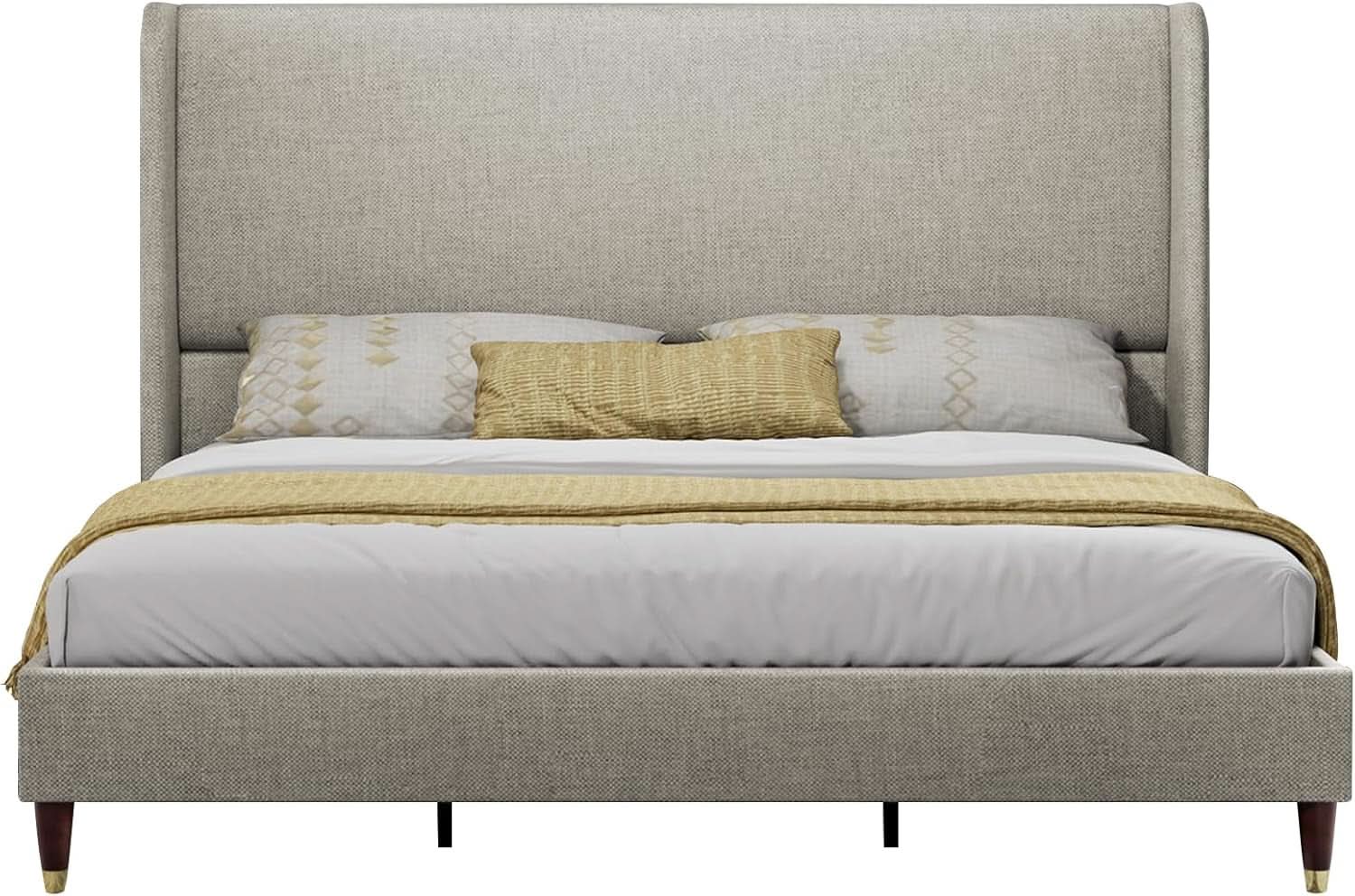 King Size Wingback Headboard Upholstered Bed Frame in Khaki