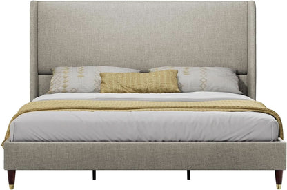 King Size Wingback Headboard Upholstered Bed Frame in Khaki