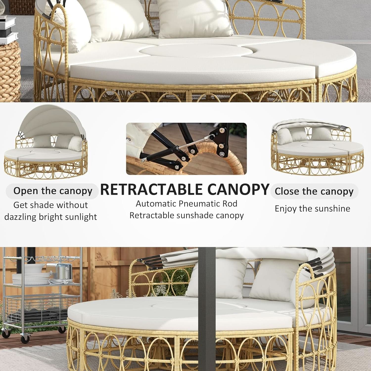 Round Outdoor Daybed Set with Canopy and Cushions - Beige