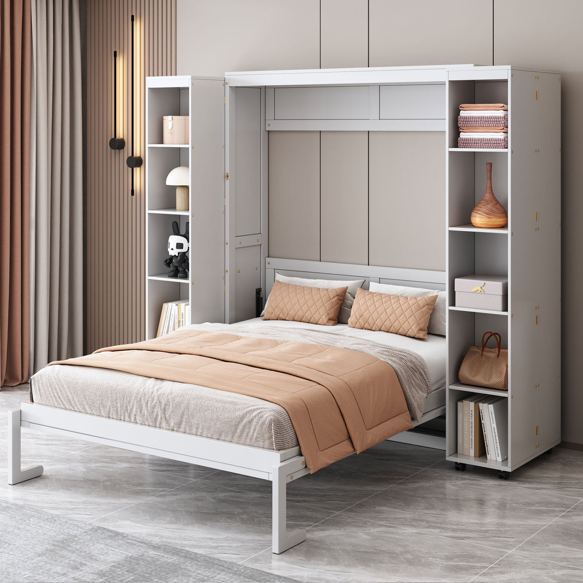 Queen Murphy Bed with Storage Doors - White