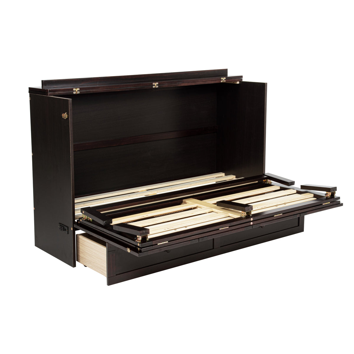 Queen Size Murphy Bed, Pine Wood with Power Station and Rattan Decoration Panel - Espresso