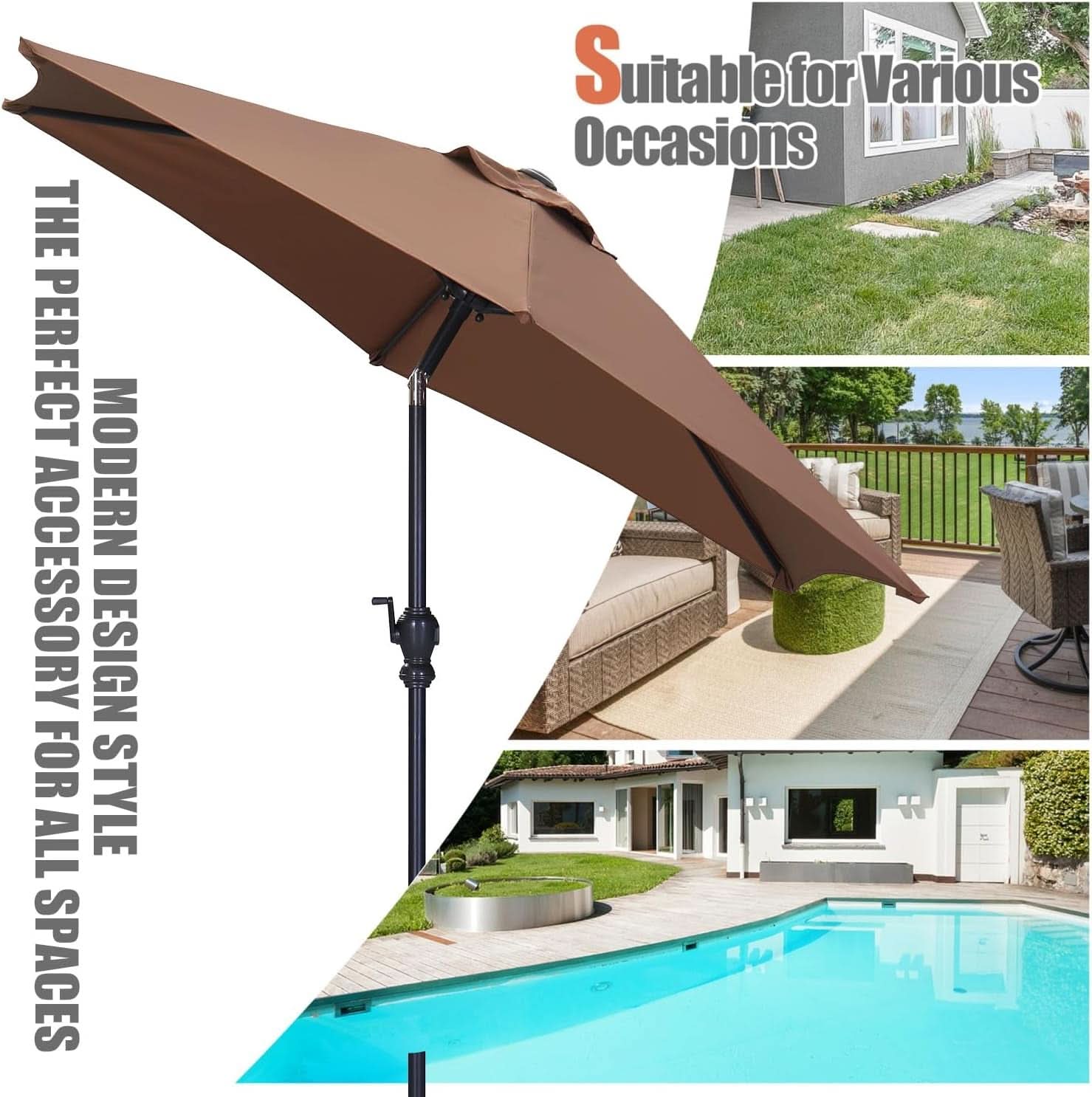 7.5 Foot Aluminum Patio Umbrella Tilt Crank Outdoor Shade - Brown