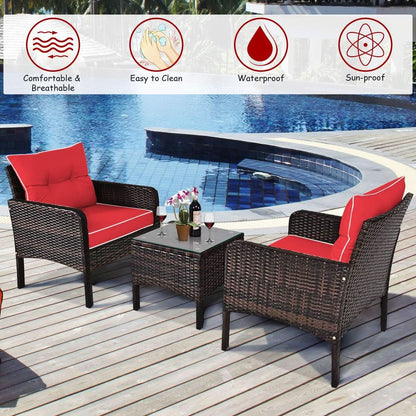 3 Piece Wicker Patio Conversation Set With Red Cushions