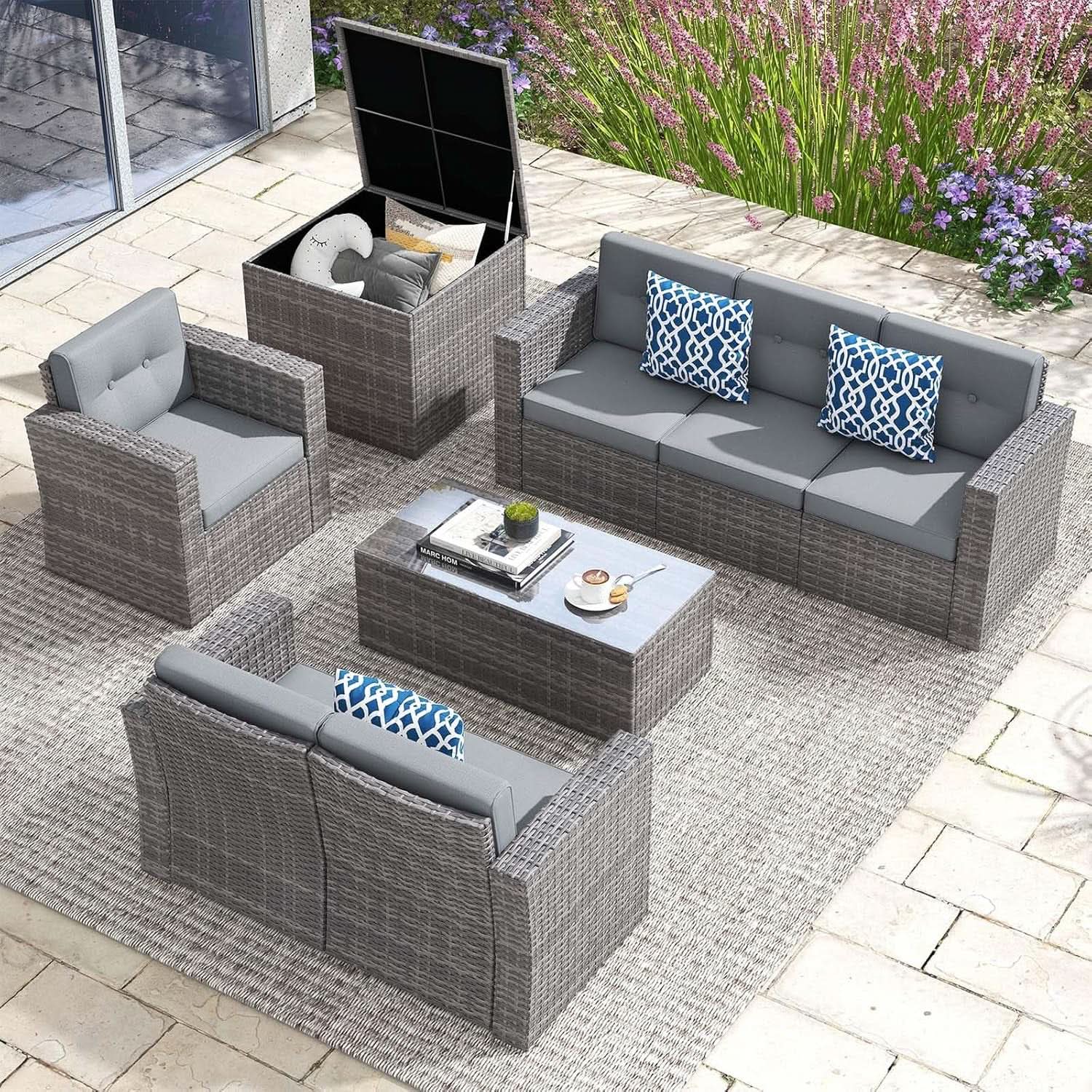 5 Piece Wicker Patio Conversation Set with Storage Box - Dusty Blue