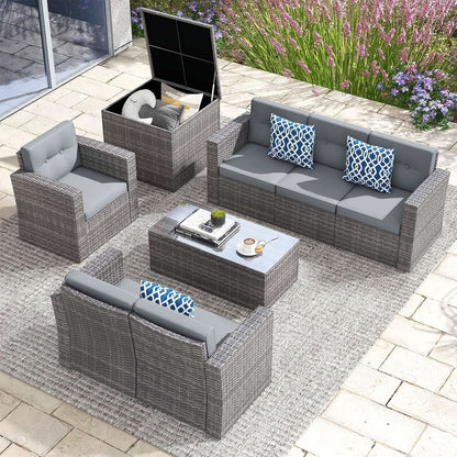 5 Piece Wicker Patio Conversation Set with Storage Box - Dusty Blue