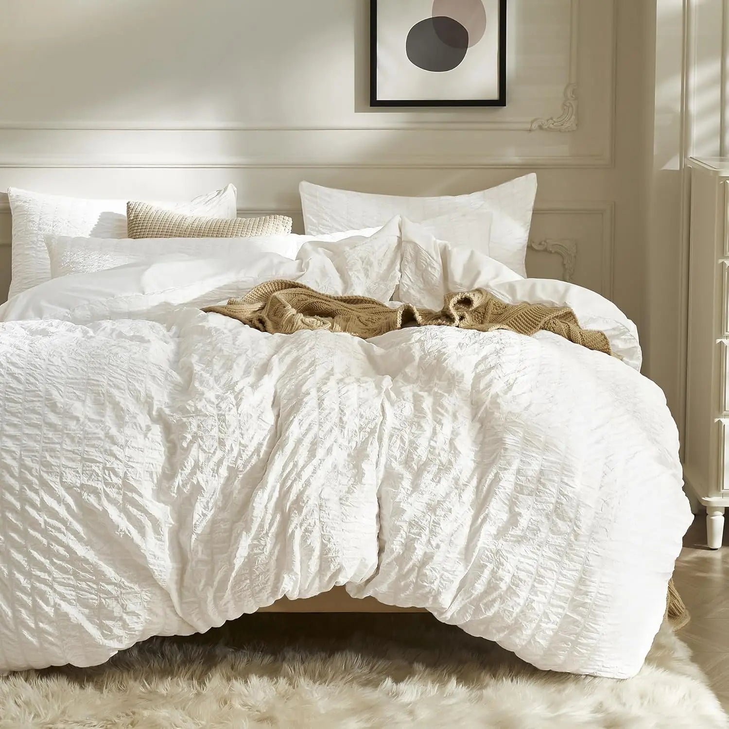 White Seersucker Duvet Set - 3 Piece Set - Queen
