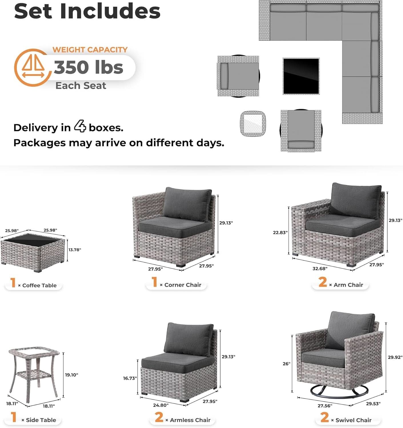 9 Piece Wicker Modular Sectional Patio Set - Gray/Black