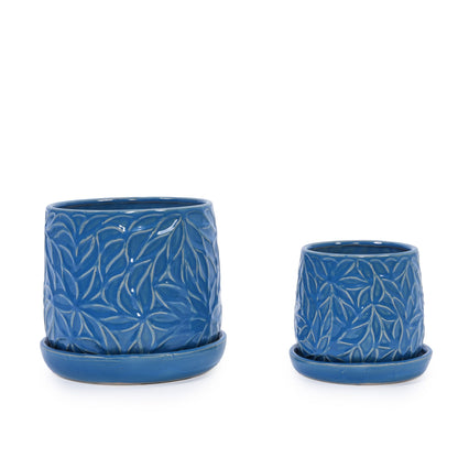 Set of 2 Embossed Ceramic Flowerpots - Blue