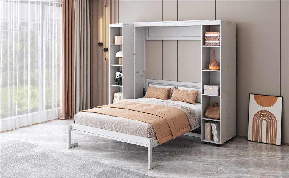 Queen Murphy Bed with Storage Doors - White