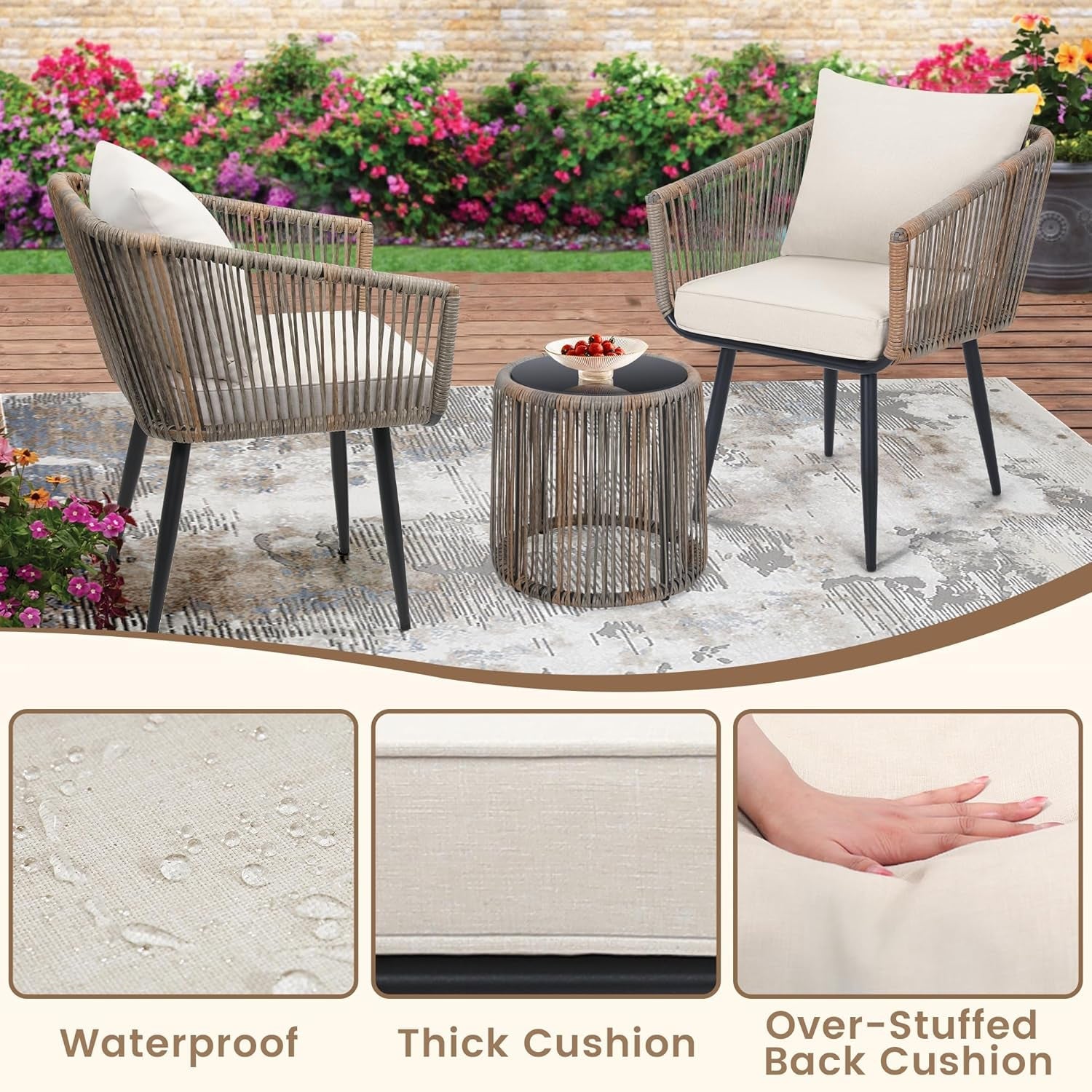 Beige 3 Piece Rattan Bistro Conversation Set
