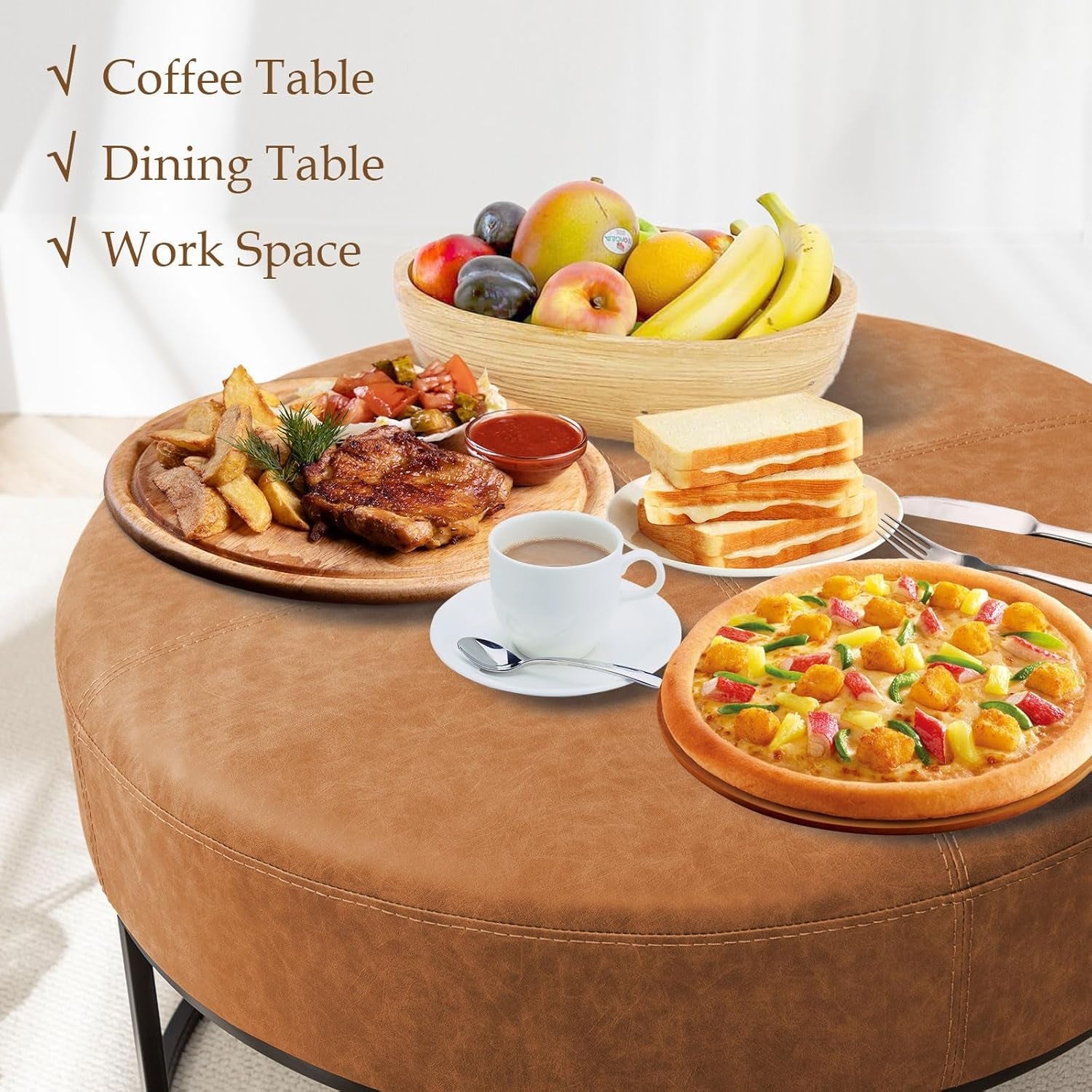 Round Leatherette Upholstered Coffee Table