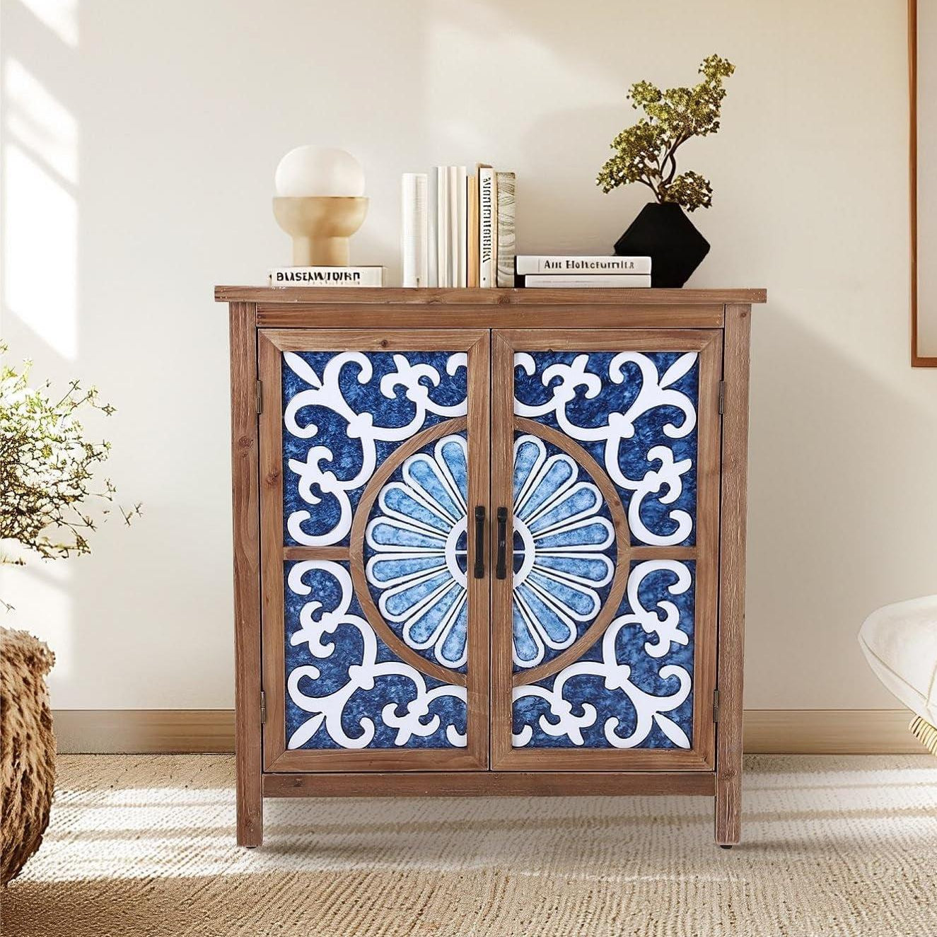 Blue Porcelain Front Accent Storage Cabinet With 2 Doors