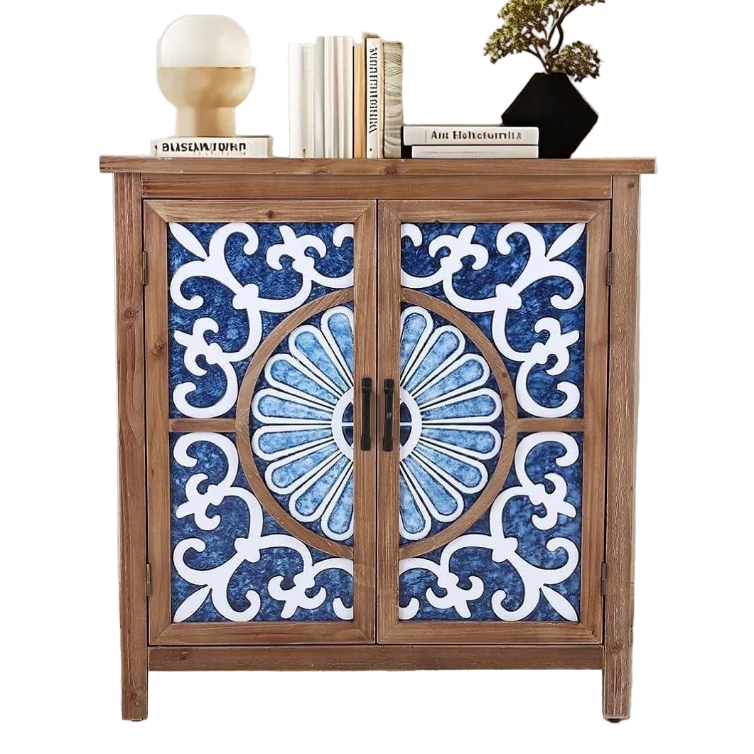 Blue Porcelain Front Accent Storage Cabinet With 2 Doors