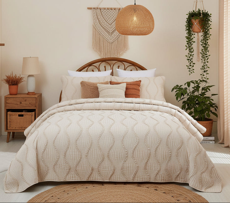 French Country Ruffles Quilted Cotton Bedding Set - Cream