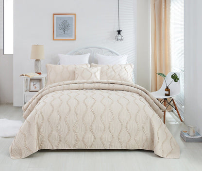 French Country Ruffles Quilted Cotton Bedding Set - Cream