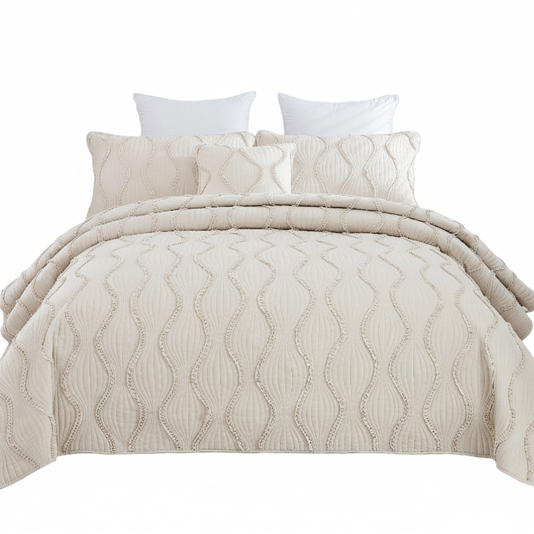 French Country Ruffles Quilted Cotton Bedding Set - Cream