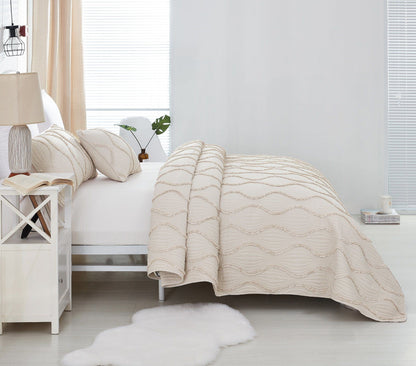French Country Ruffles Quilted Cotton Bedding Set - Cream