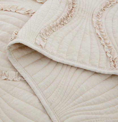 French Country Ruffles Quilted Cotton Bedding Set - Cream