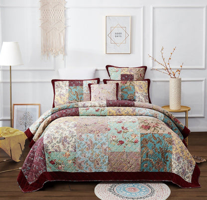 Bohemian Burgundy Velvet Trim Floral Paisley Patchwork Cotton Bedding