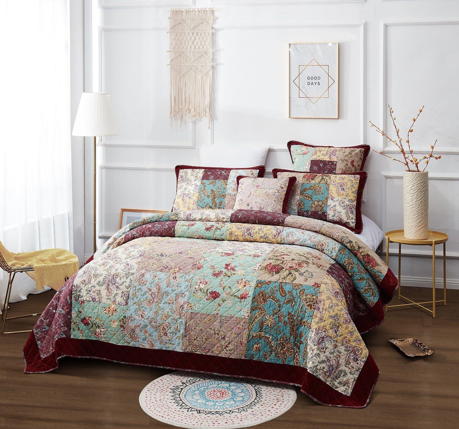 Bohemian Burgundy Velvet Trim Floral Paisley Patchwork Cotton Bedding