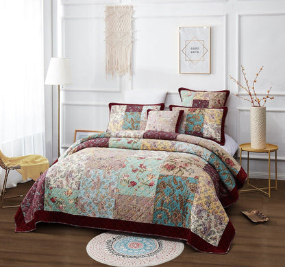 Bohemian Burgundy Velvet Trim Floral Paisley Patchwork Cotton Bedding