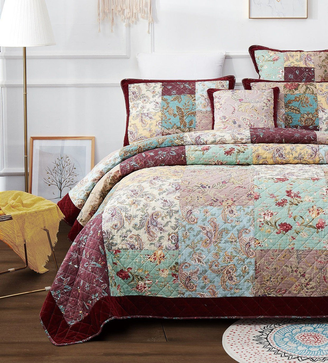 Bohemian Burgundy Velvet Trim Floral Paisley Patchwork Cotton Bedding