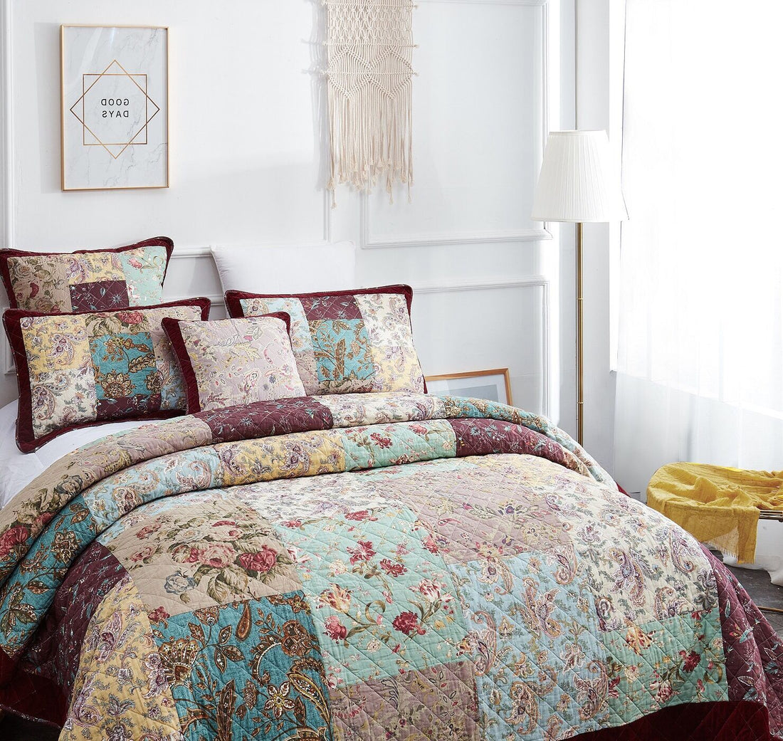 Bohemian Burgundy Velvet Trim Floral Paisley Patchwork Cotton Bedding