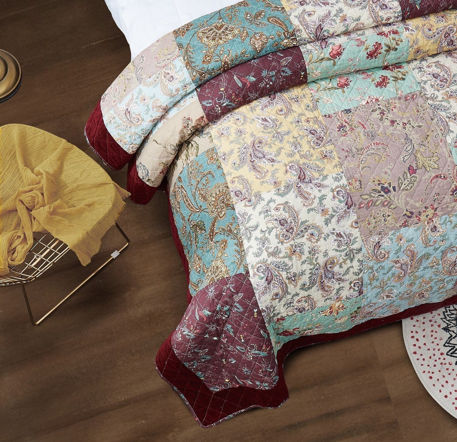 Bohemian Burgundy Velvet Trim Floral Paisley Patchwork Cotton Bedding