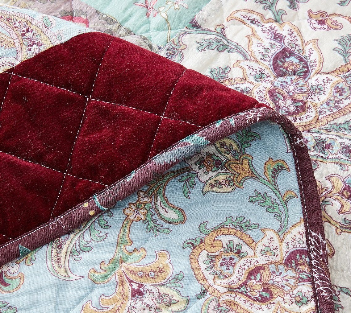 Bohemian Burgundy Velvet Trim Floral Paisley Patchwork Cotton Bedding
