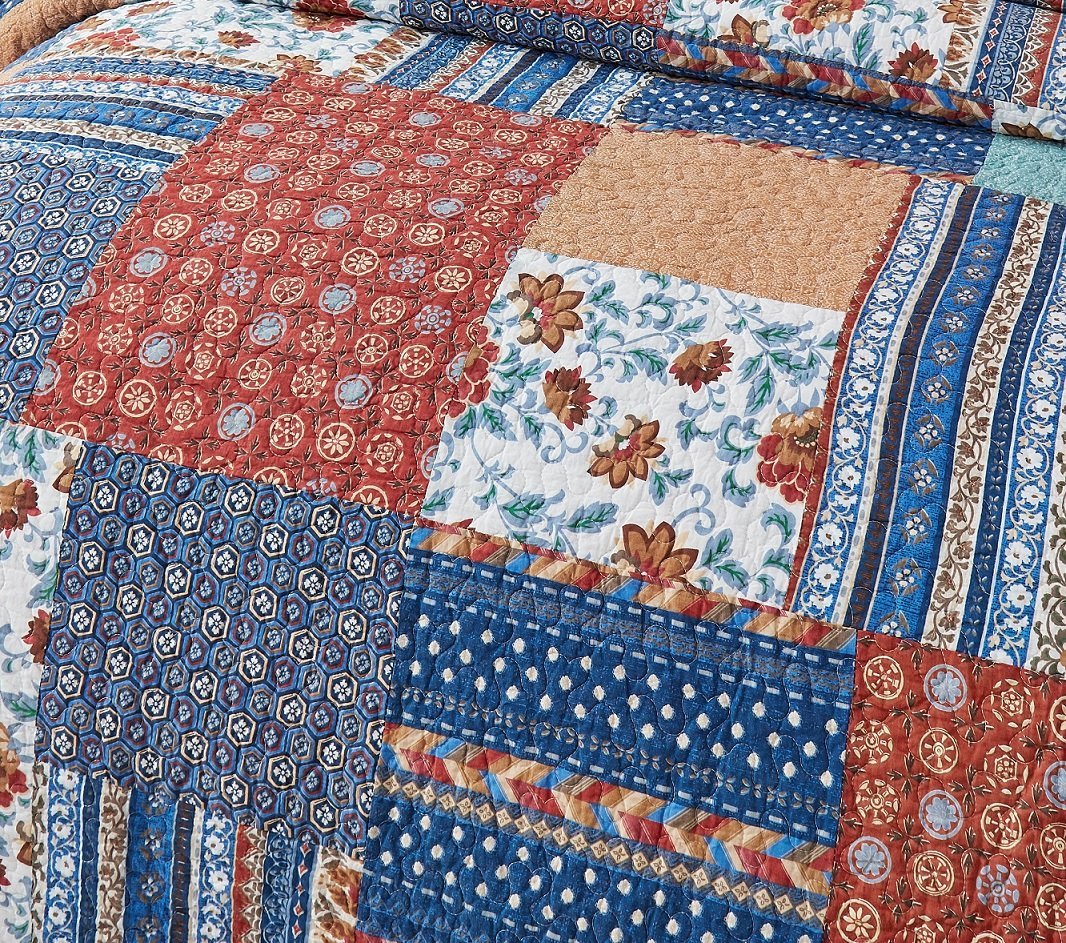 Boho Vibes Mediterranean Blue Patchwork Quilted Bedding