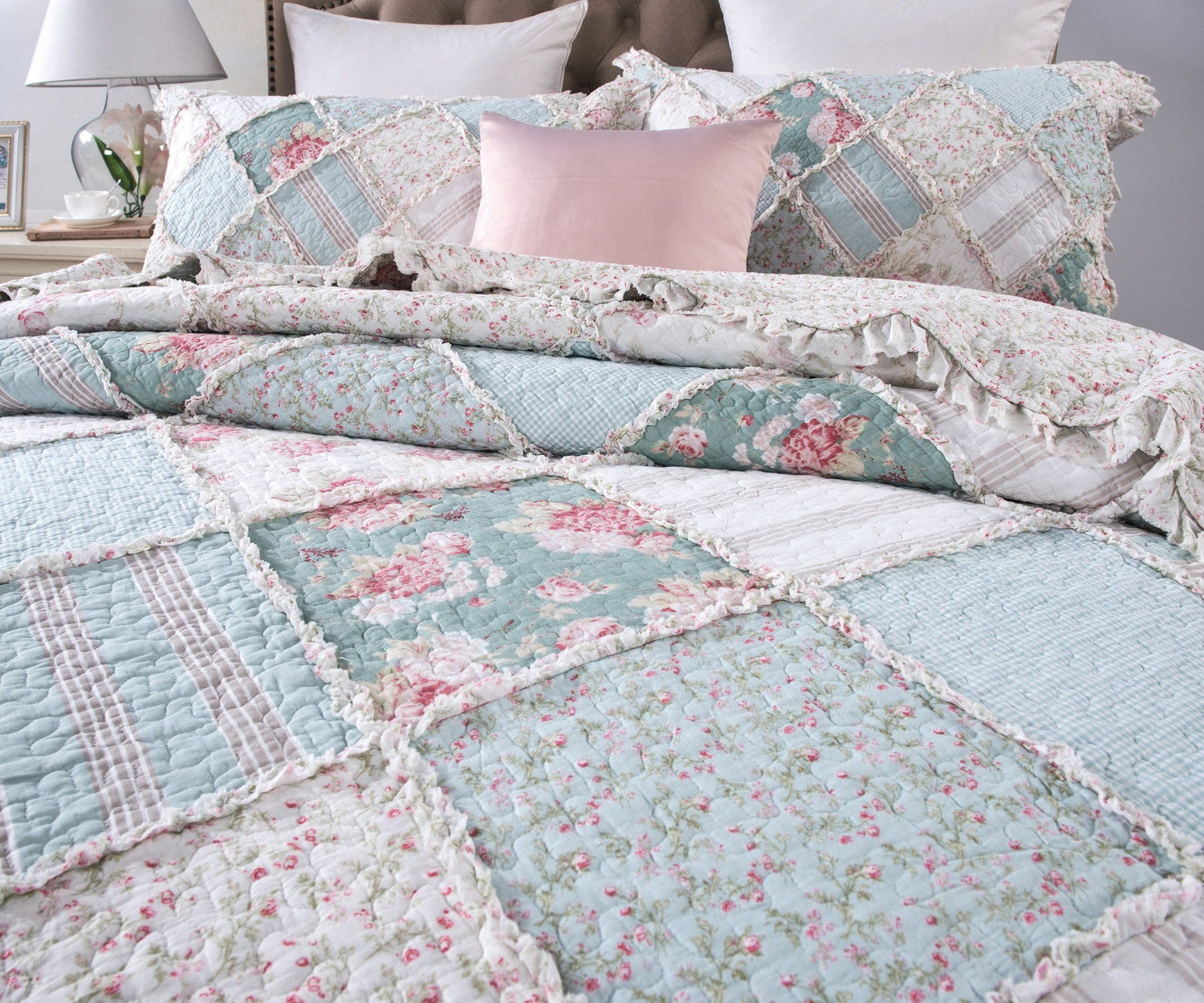 Hint of Mint Floral Pastel Cotton Patchwork Ruffle Quilted Bedding Set
