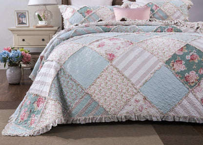Hint of Mint Floral Pastel Cotton Patchwork Ruffle Quilted Bedding Set