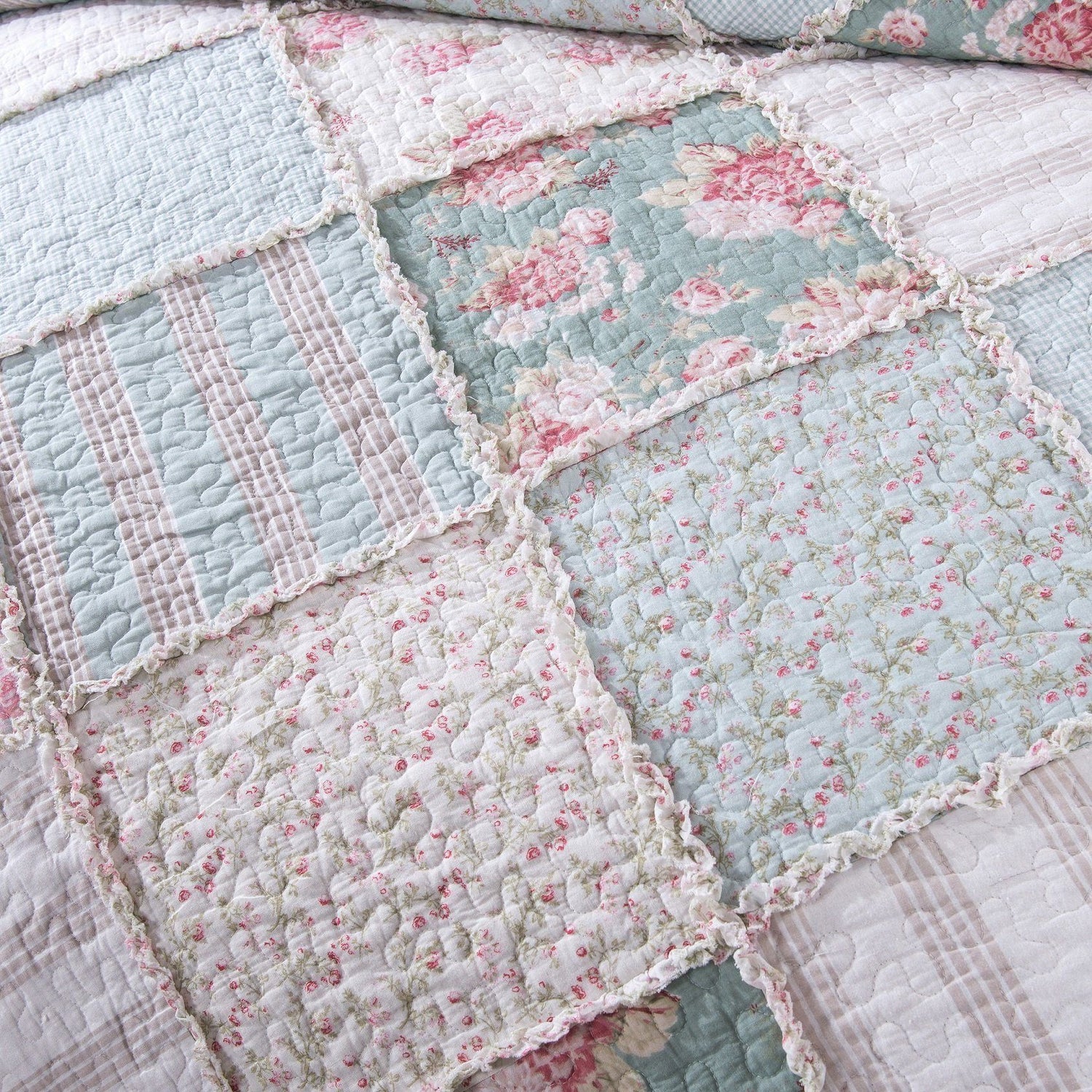 Hint of Mint Floral Pastel Cotton Patchwork Ruffle Quilted Bedding Set