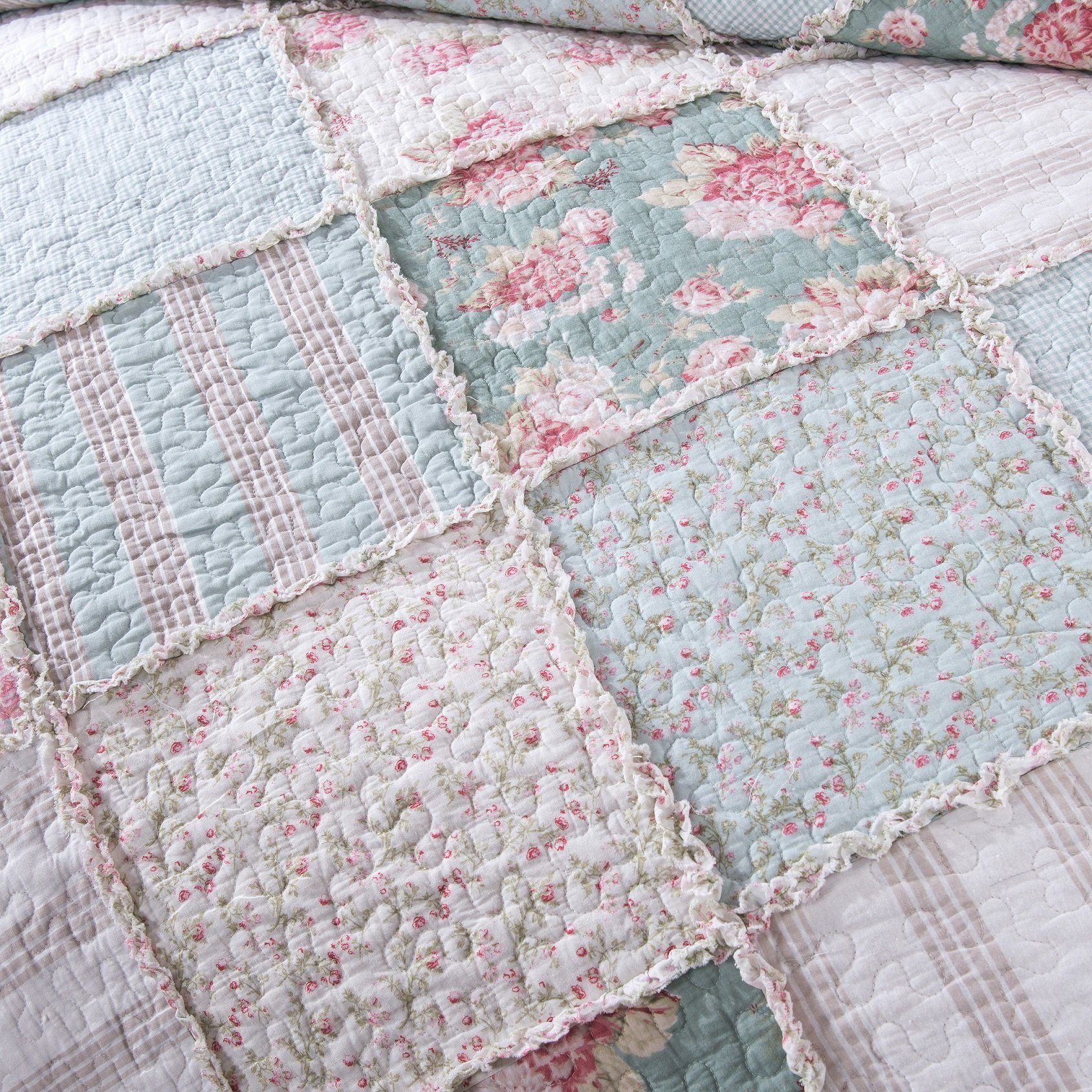 Hint of Mint Floral Pastel Cotton Patchwork Ruffle Quilted Bedding Set