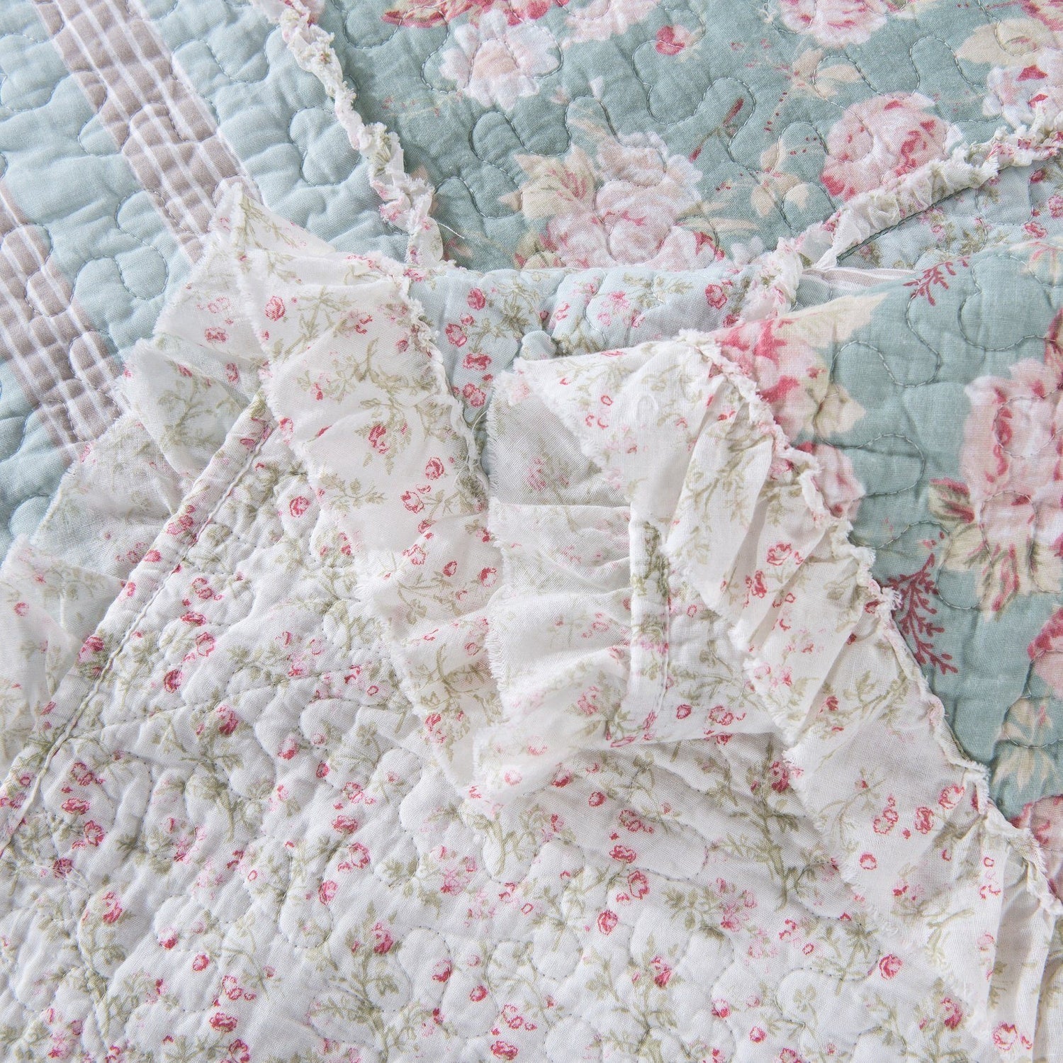 Hint of Mint Floral Pastel Cotton Patchwork Ruffle Quilted Bedding Set