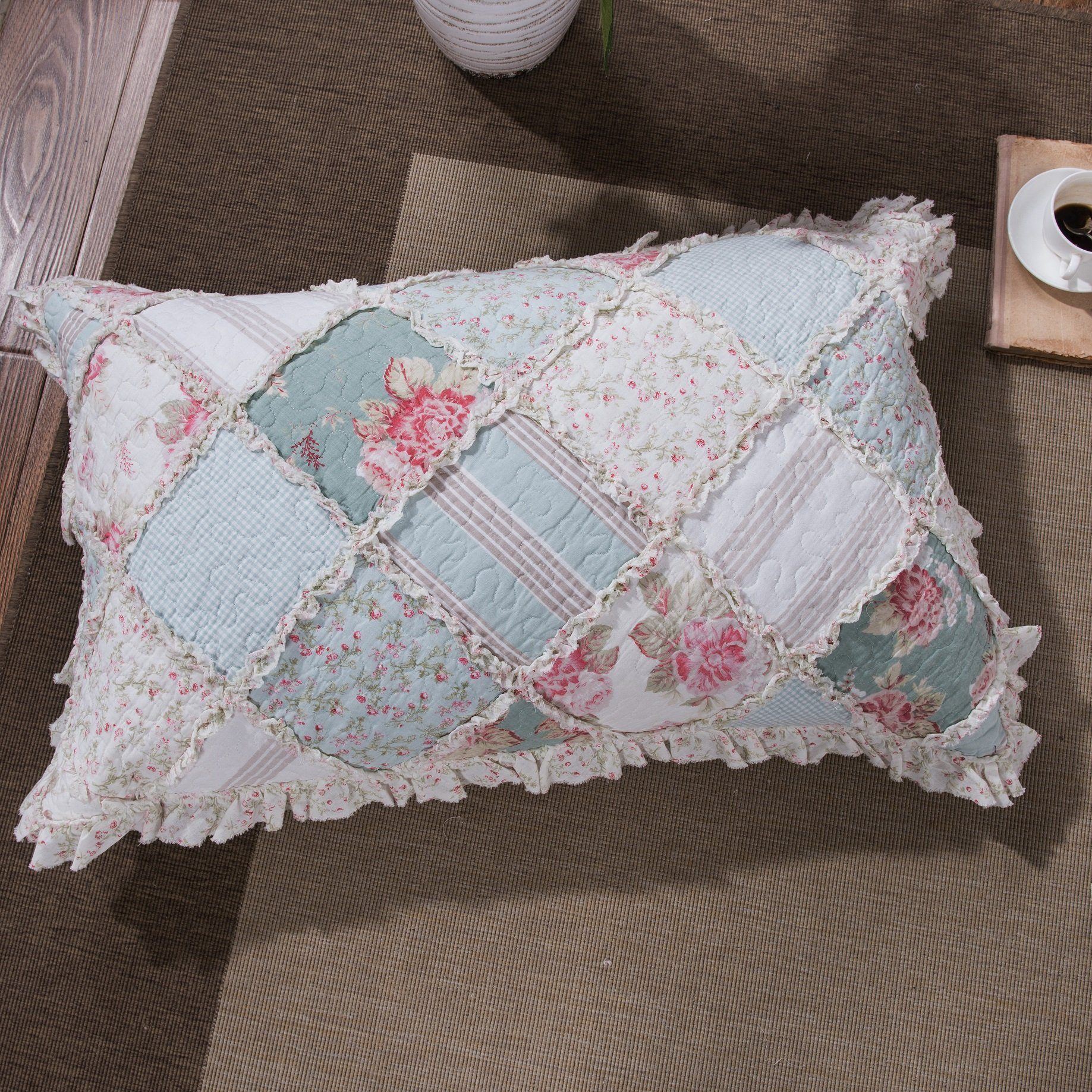 Hint of Mint Floral Pastel Cotton Patchwork Ruffle Quilted Bedding Set