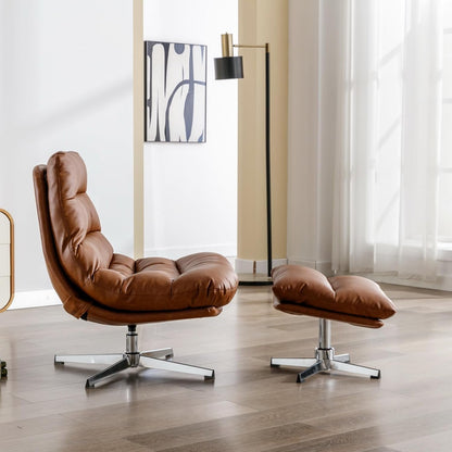 Brown Upholstered Faux Leather Swivel Chair Ottoman