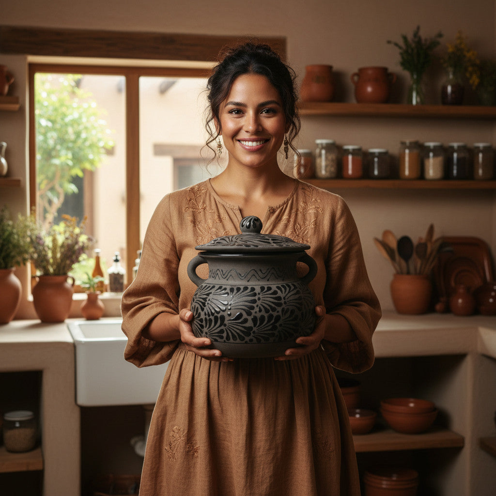 Black Talavera Bean Pot with Lid | Mexican Clay Frijolero