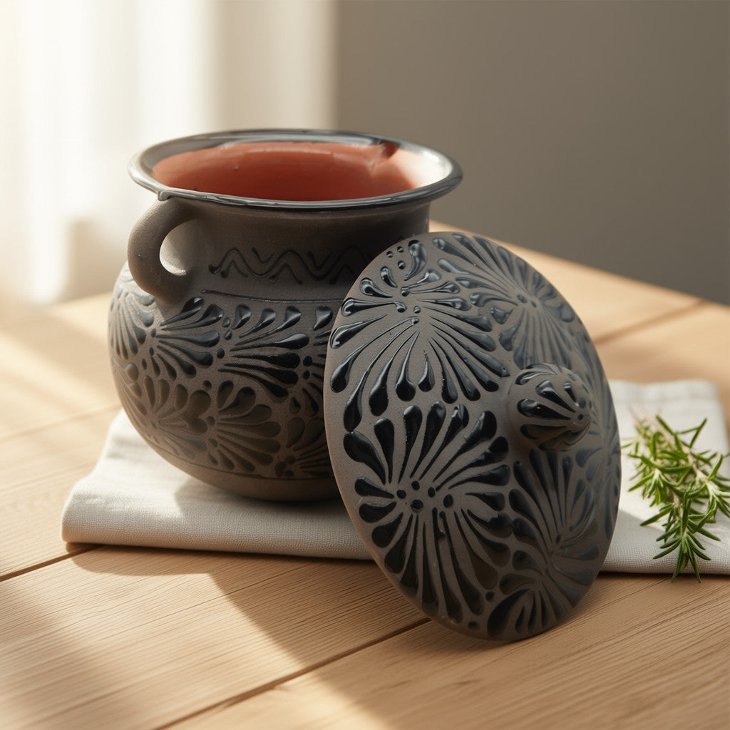 Black Talavera Bean Pot with Lid | Mexican Clay Frijolero