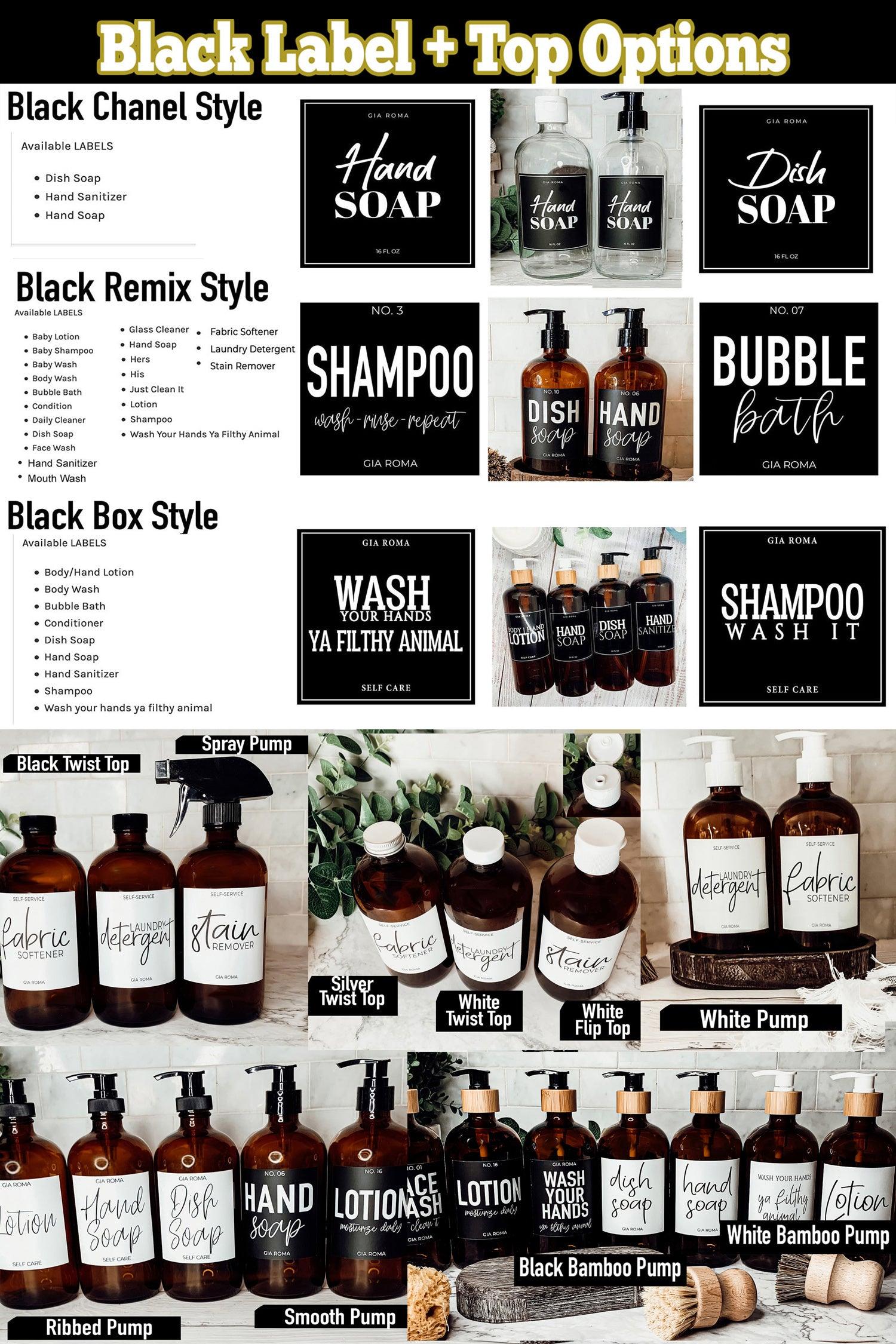16oz Soap Bottles - Glass Amber|Black Label