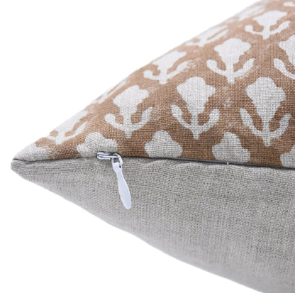 Brown Floral Block Print Linen Pillow Cover - Trishul
