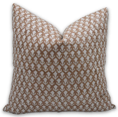 Brown Floral Block Print Linen Pillow Cover - Trishul